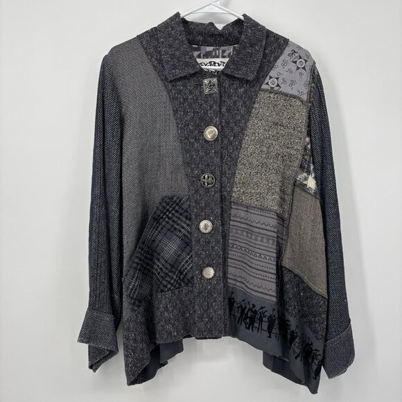 Donna Jessica Art-to-Wear Patchwork Blazer Size 2 Large Metal Buttons Grunge - Picture 1 of 13